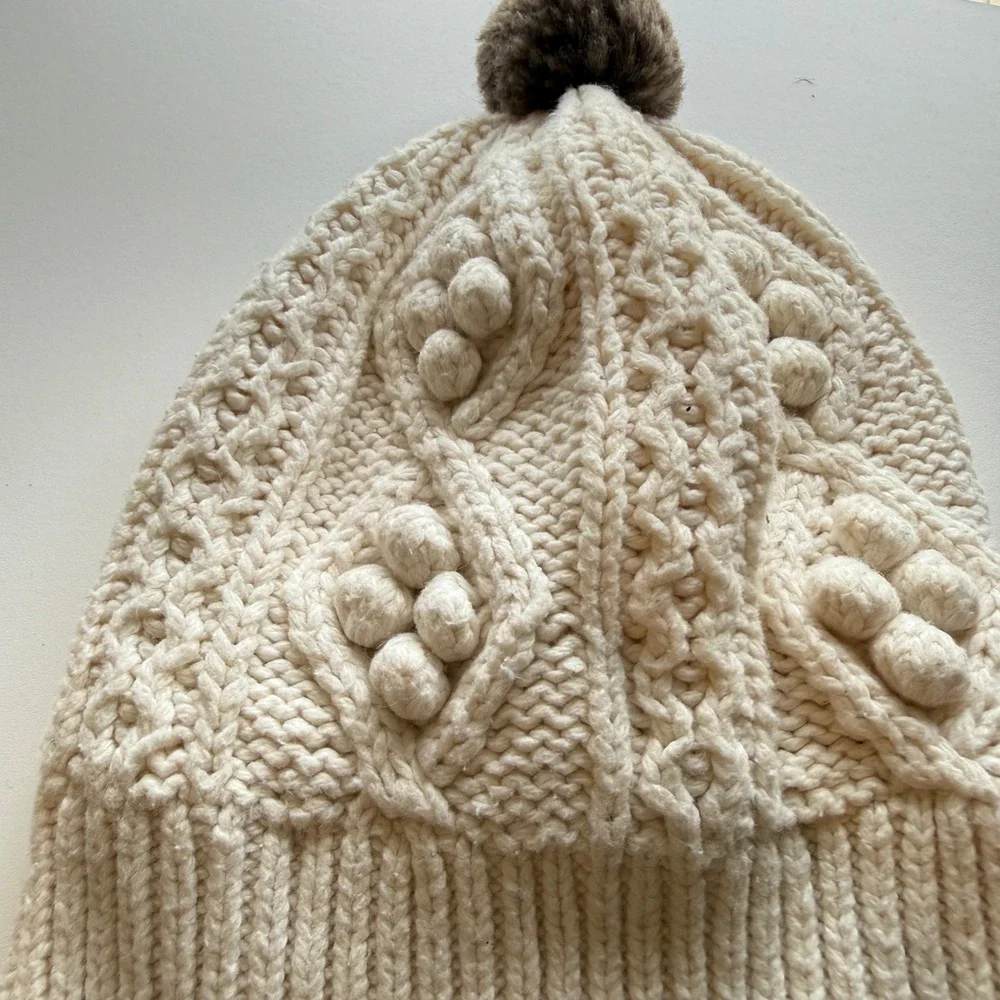 Baby Gap Toddler Cream Cable Knit Popcorn Bobble Beanie Hat 4-5 Years Pom-Pom